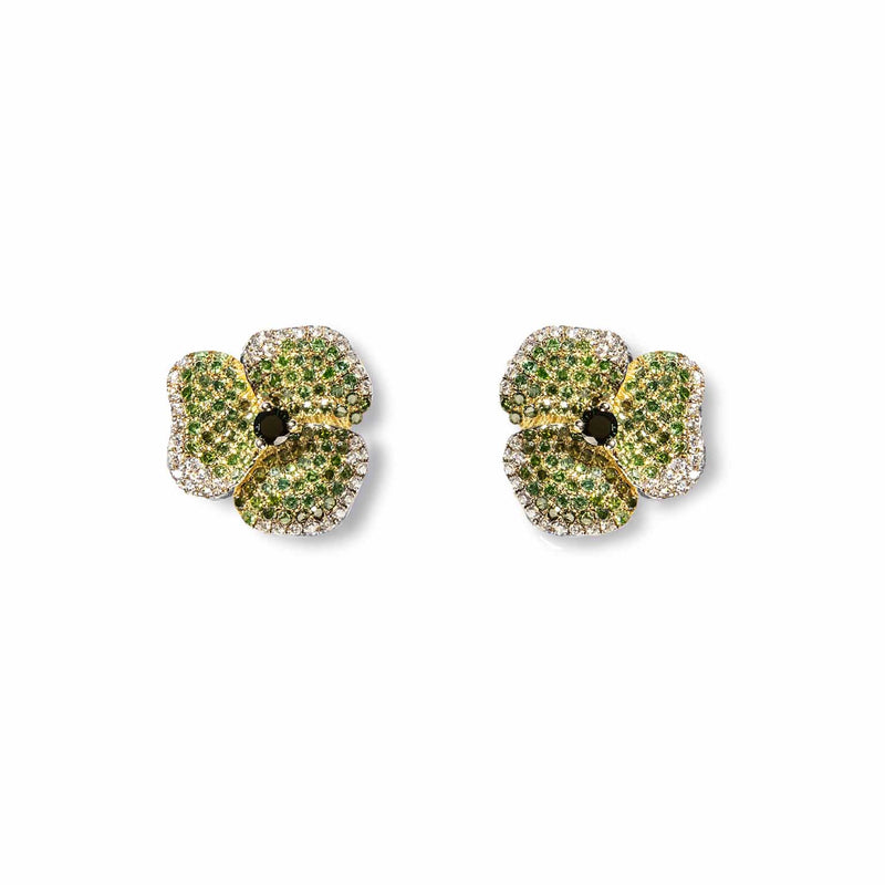 Bloom Small  Flower Green Diamonds Earrings in Yellow Gold