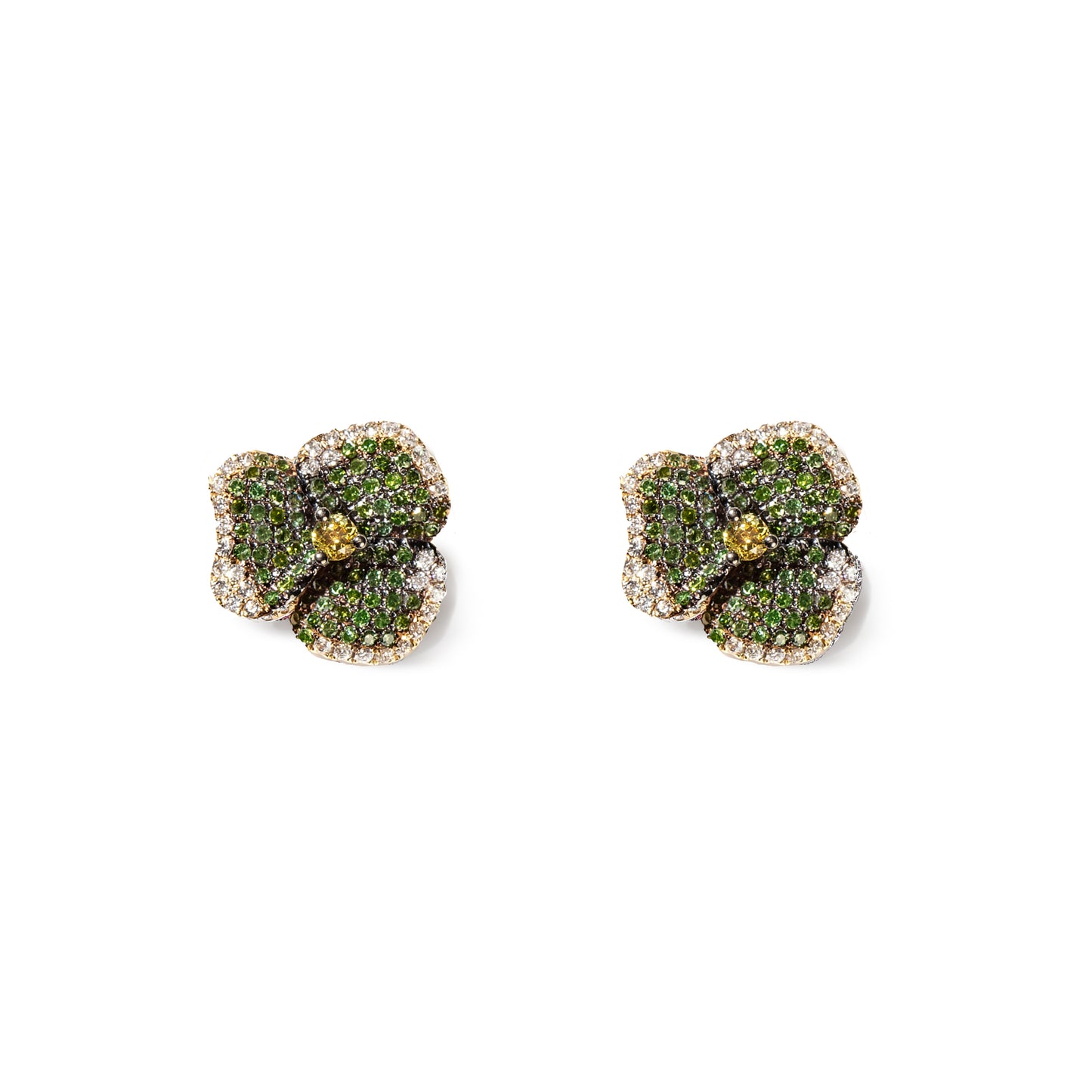 Bloom Small  Flower Green Diamonds And Yellow Sapphire Earrings in Yellow Gold