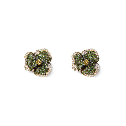 Bloom Small  Flower Green Diamonds And Yellow Sapphire Earrings in Yellow Gold