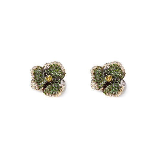Bloom Small  Flower Green Diamonds And Yellow Sapphire Earrings in Yellow Gold