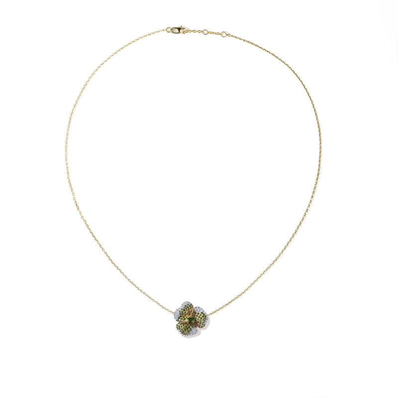 Bloom Small Flower Green Diamonds Necklace in Yellow Gold