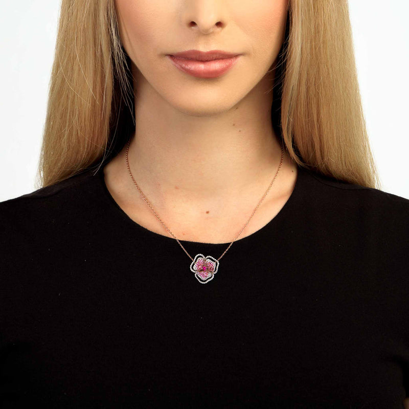 AS29 Bloom Small Flower Halo Dark Pink Sapphire Necklace in Rose Gold