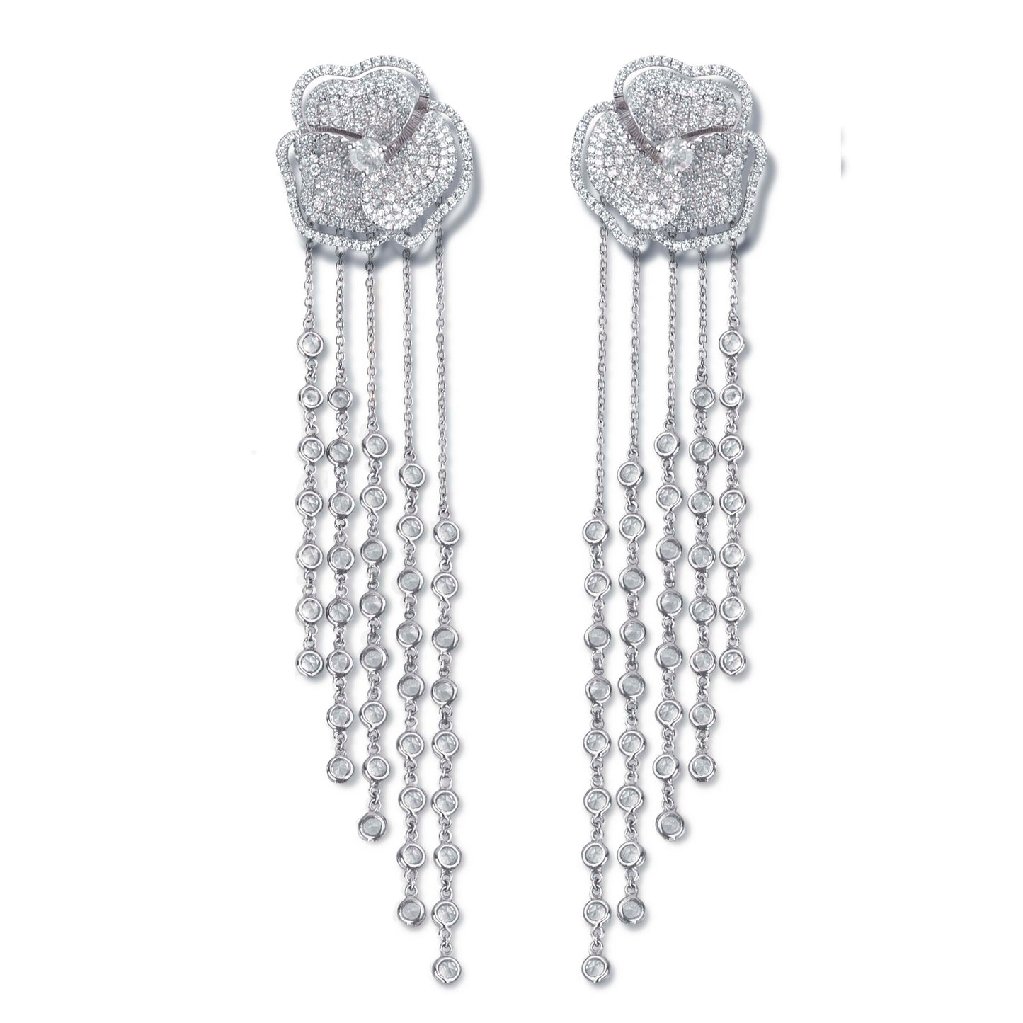 Bloom Medium  Halo White Diamonds Long Earrings