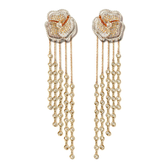 Bloom Medium Flower Halo White Diamonds Long Earrings