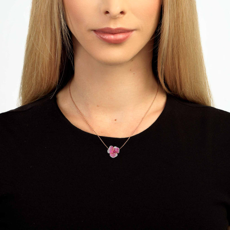 Bloom Small Flower Dark Pink Sapphire Necklace in Rose Gold
