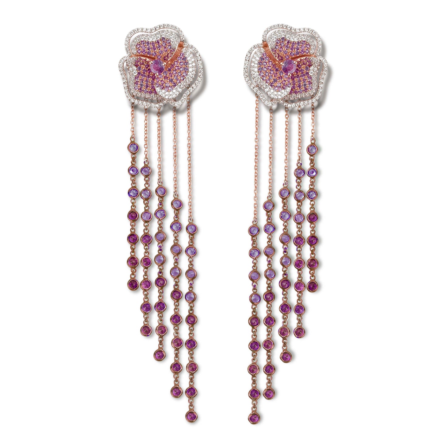 Bloom Halo Medium Flower Amethyst Long Earrings in Rose Gold
