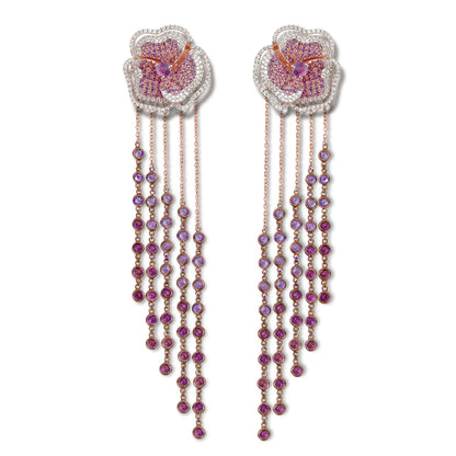 Bloom Halo Medium Flower Amethyst Long Earrings in Rose Gold