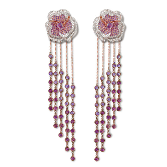 Bloom Halo Medium Flower Amethyst Long Earrings in Rose Gold