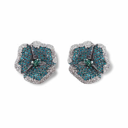 Bloom Medium Flower Blue Diamonds Earrings in White Gold