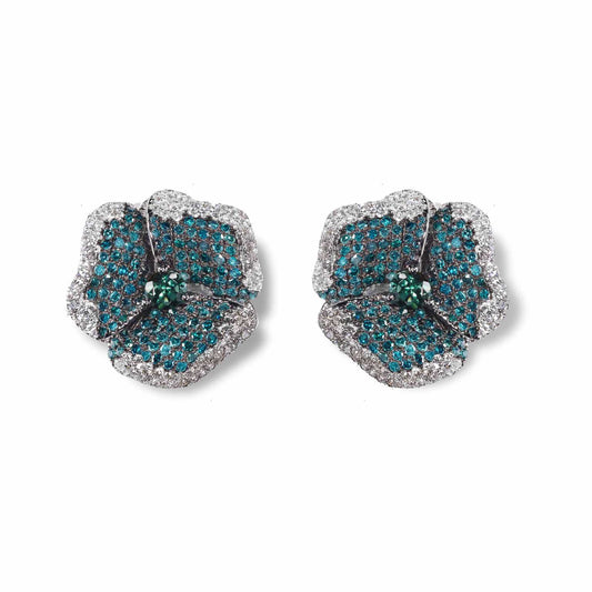 Bloom Medium Flower Blue Diamonds Earrings in White Gold