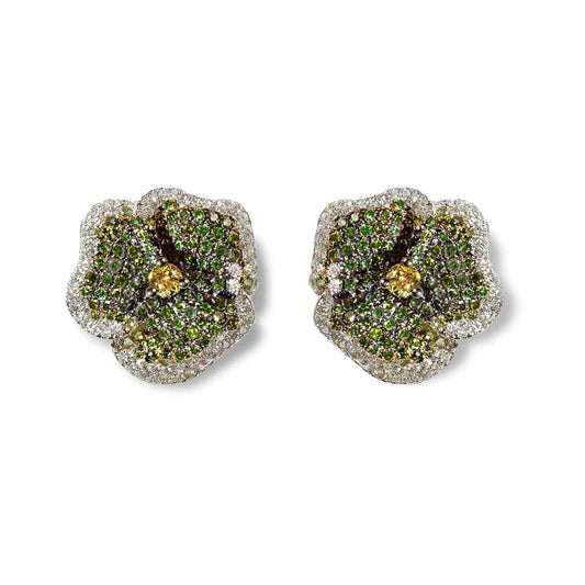 Bloom Medium Flower Green Diamonds and Yellow Sapphire Earrings in Yellow Gold