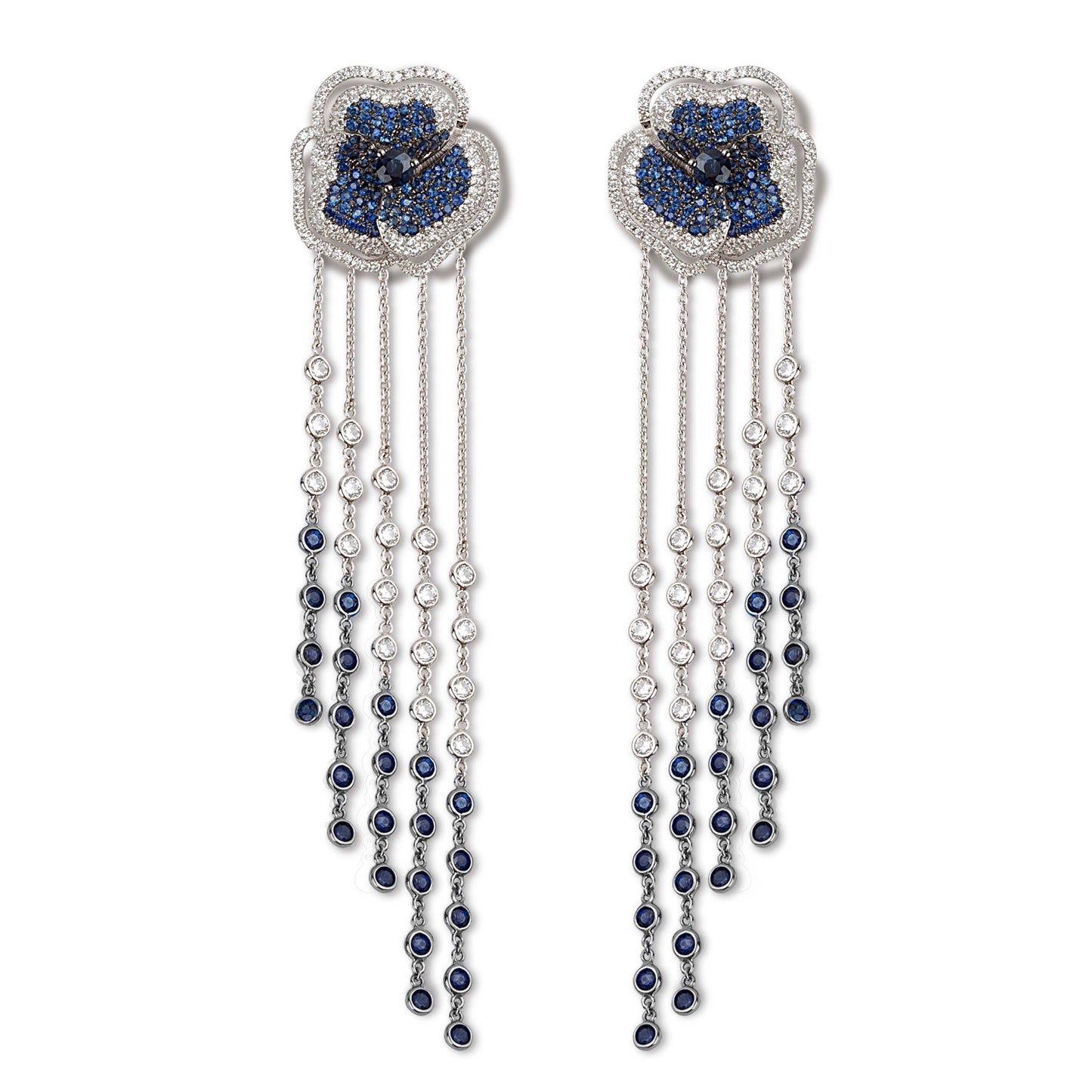 Bloom Medium Flower Halo Blue Sapphire Long Earrings in White Gold
