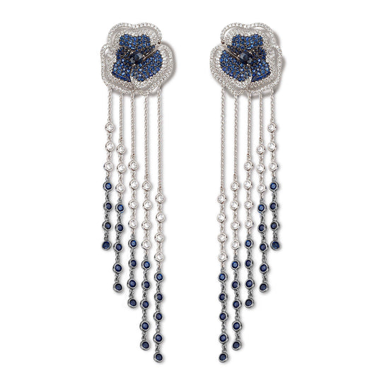 Bloom Medium Flower Halo Blue Sapphire Long Earrings in White Gold