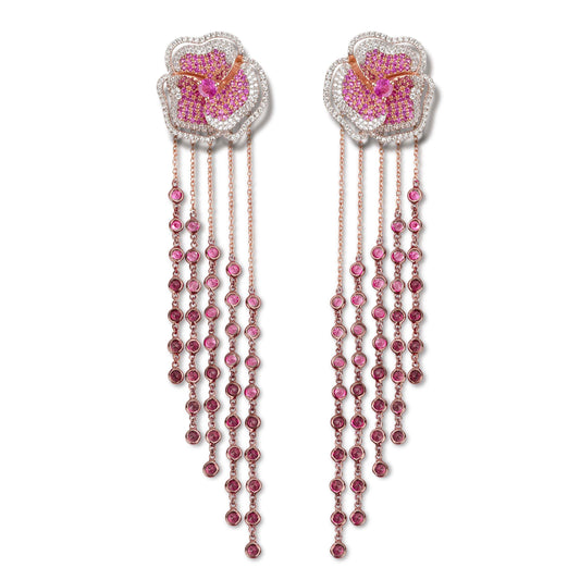 Bloom Medium Flower Halo Pink Sapphire Long Earrings in Rose Gold