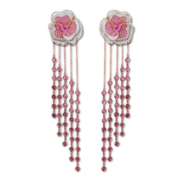 Bloom Medium Flower Halo Pink Sapphire Long Earrings in Rose Gold