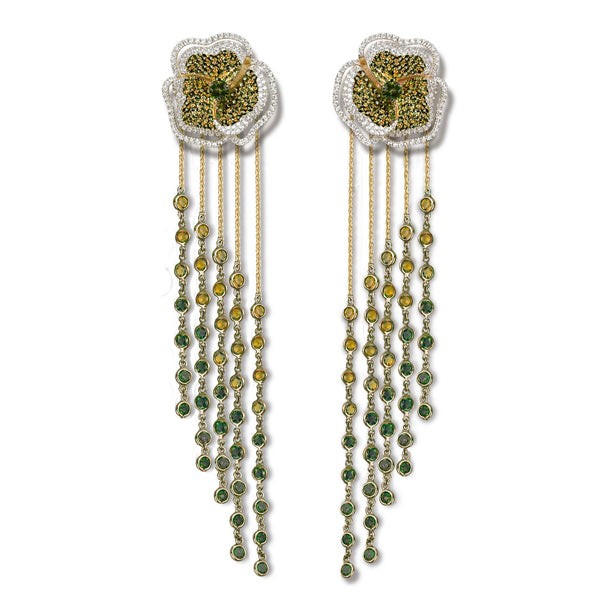 Bloom Medium Flower Halo Green Diamonds Long Earrings in Yellow Gold