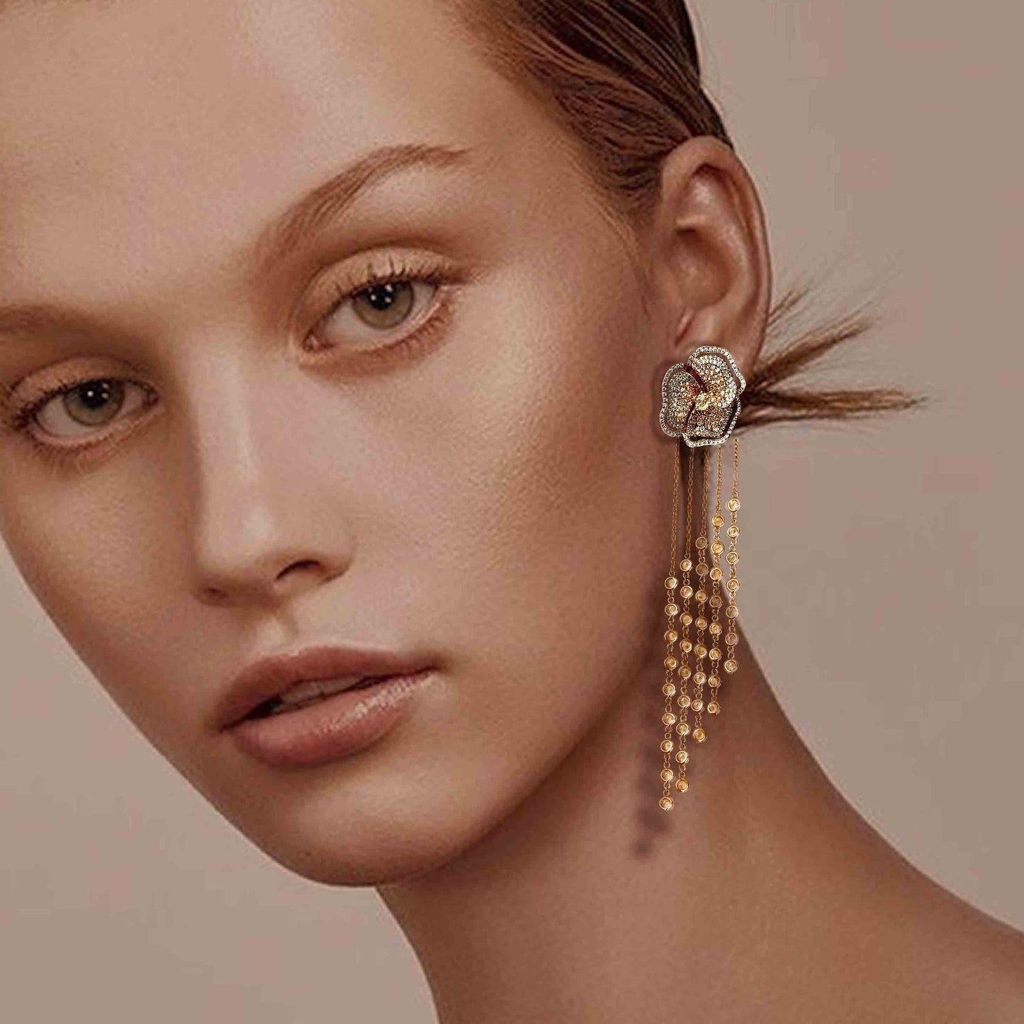 Bloom Medium  Halo White Diamonds Long Earrings