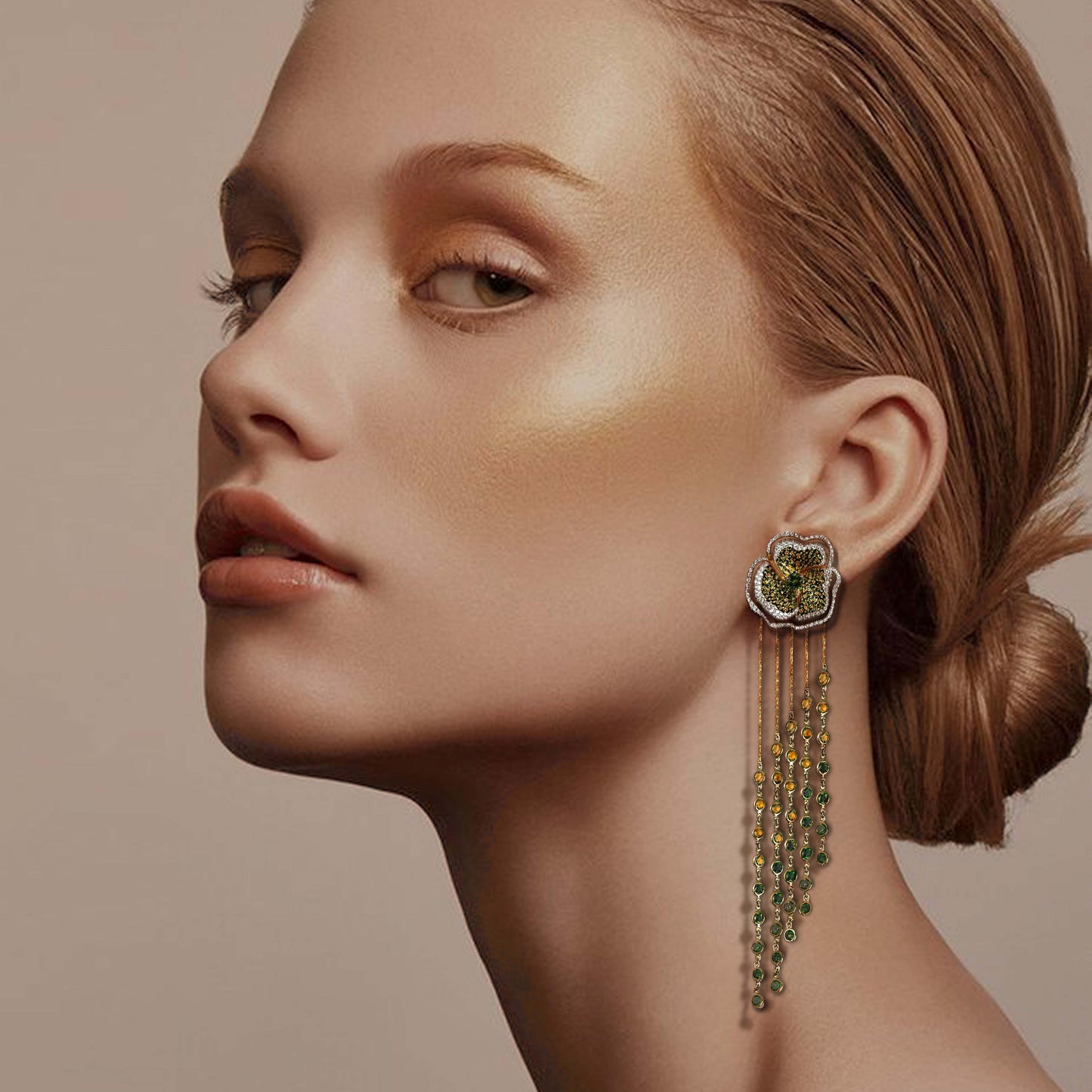 Bloom Medium  Halo Green Diamonds Long Earrings in Yellow Gold