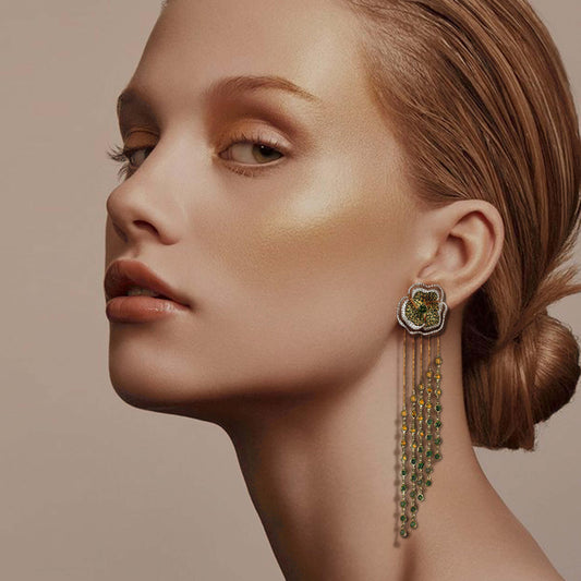 Bloom Medium Flower Halo Green Diamonds Long Earrings in Yellow Gold