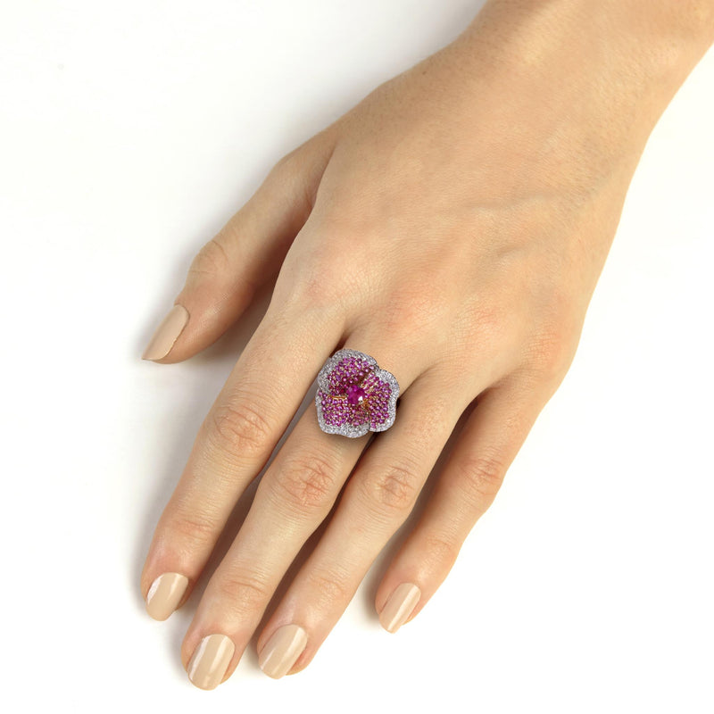 Bloom Medium Flower Dark Pink Sapphire Ring in Rose Gold