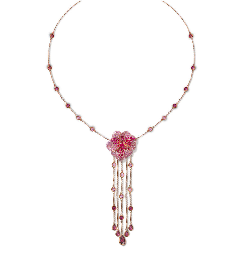 Bloom Large Flower Pink Sapphire Long Dropping Necklace in Rose Gold