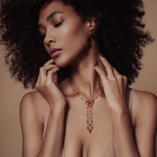 Bloom Large Flower Pink Sapphire Long Dropping Necklace in Rose Gold