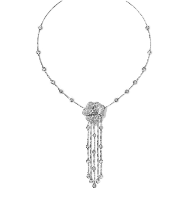 Bloom Large Flower Diamond Long Dropping Necklace in White Gold