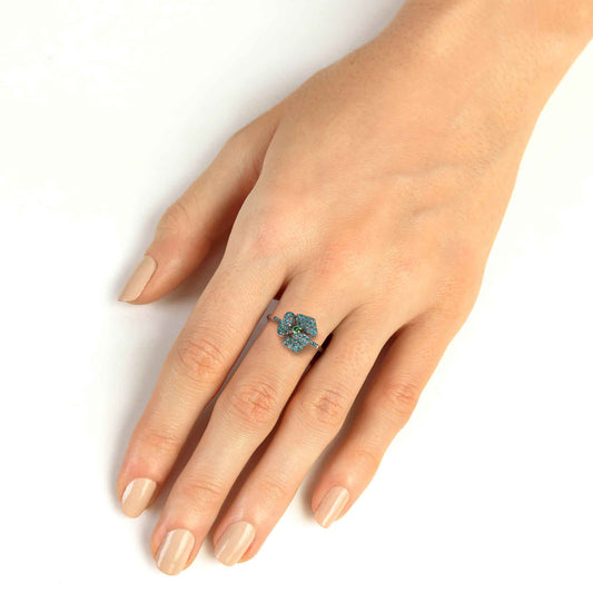 Bloom Mini Flower Blue Diamond Ring in Black Gold