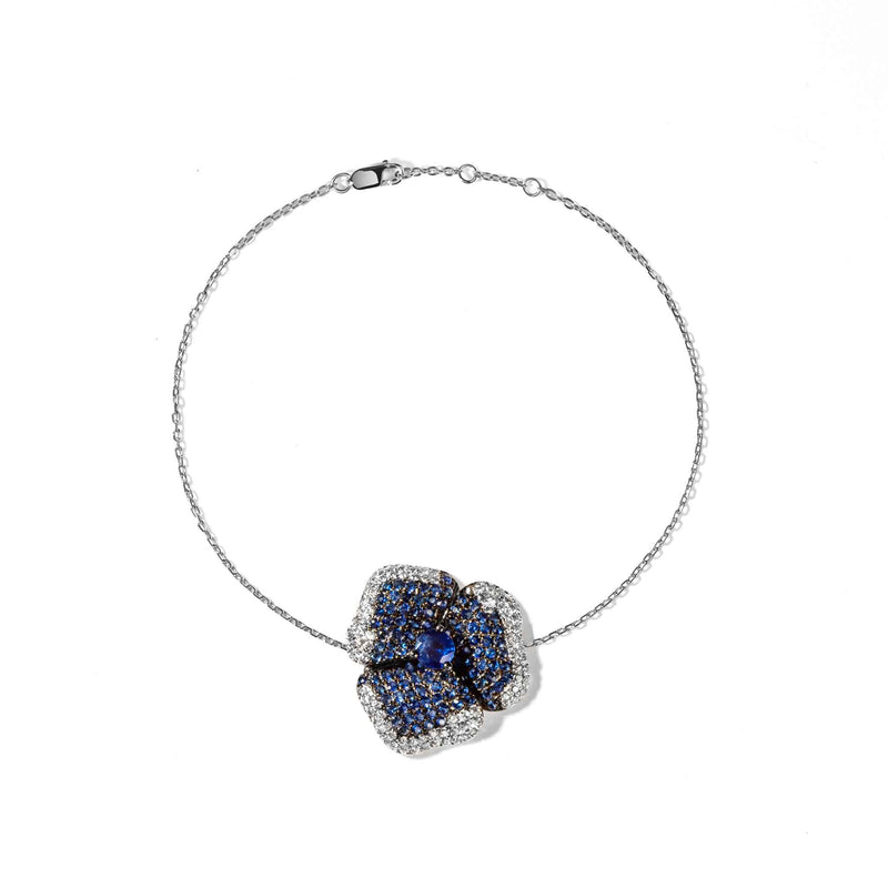 Bloom Medium Flower Blue Sapphire Bracelet in White Gold