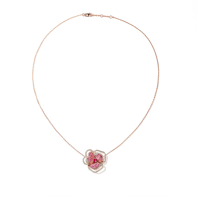Bloom Small Flower Halo Dark Pink Sapphire Necklace in Rose Gold