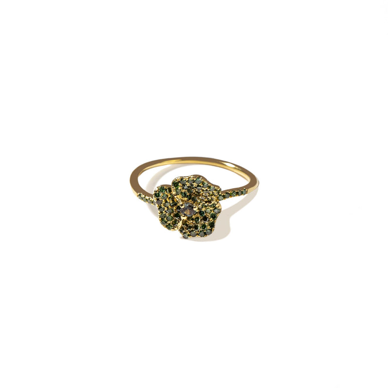 Bloom Mini Flower Green Diamond Ring in Yellow Gold