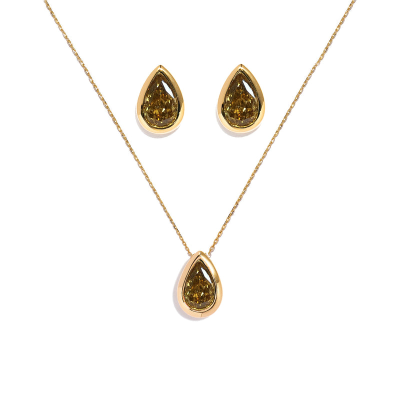 Custom- Made Set of Stud Earrings and Necklace with Brown Diamond in Yellow Gold