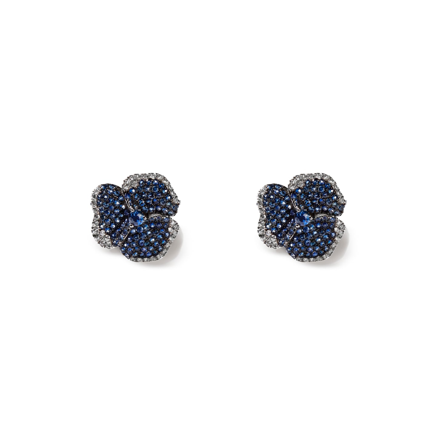 Bloom Small  Flower Blue Sapphire Earrings in White Gold