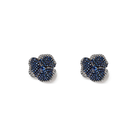 Bloom Small  Flower Blue Sapphire Earrings in White Gold