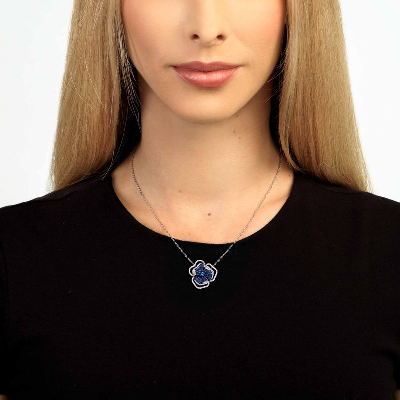 Bloom Small Flower Halo Blue Sapphire Necklace in White Gold