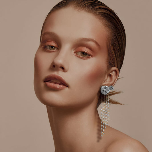 Bloom Medium Flower White Diamonds Long Earrings